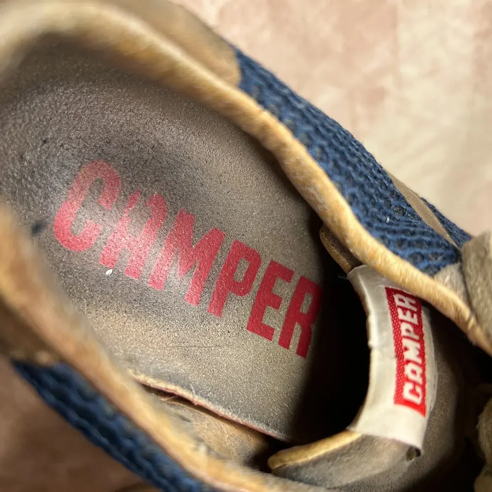 Vintage Y2K Camper Lace Up Lug Sole Suede Sneakers Shoes Tan Blue Retro Sporty